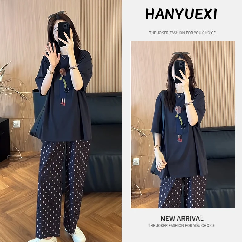 夏季时尚一整套女装2025新款休闲印花短袖T恤波点休闲裤两件套潮