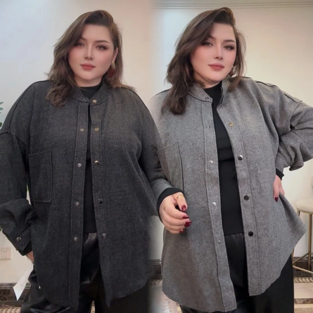 5393纯色圆领衬衫袖上衣短外套加厚立领大衣外套女