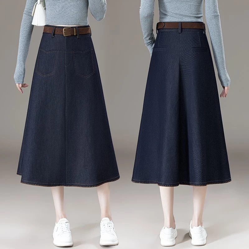 时尚牛仔半身裙春秋季新款中长款宽松显瘦遮肉百褶a字大摆伞裙子