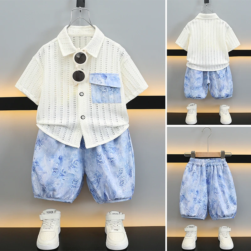男童夏装套装夏季新款帅气时髦男孩镂空短袖衬衫小儿童潮酷两件套
