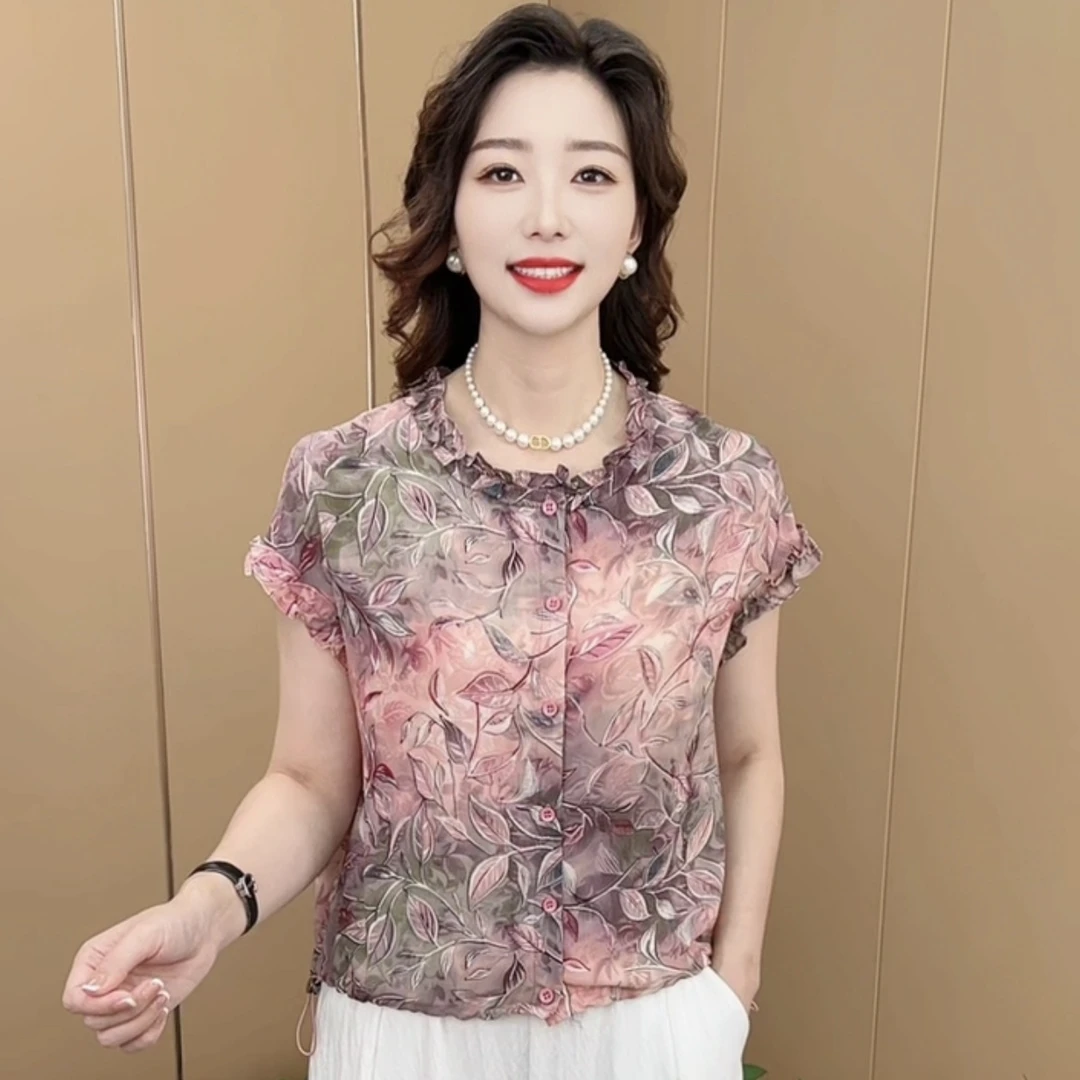 夏季新款时尚圆领木耳花边设计显瘦减龄休闲百搭短袖上衣K7787