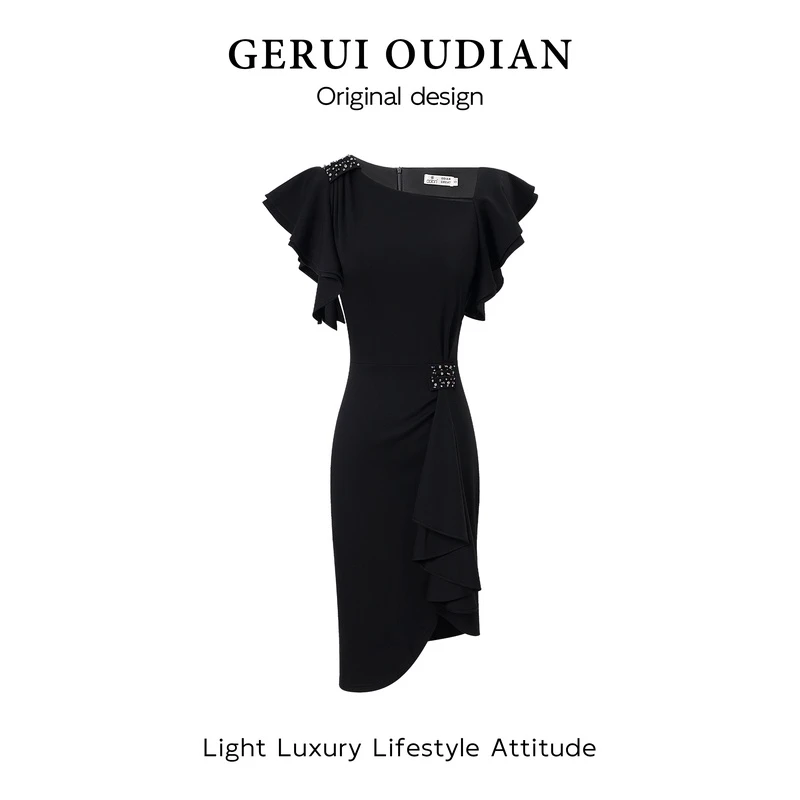 GERUIOUDIAN/格芮欧典407夏季设计感气质黑色连衣裙显瘦不规则裙