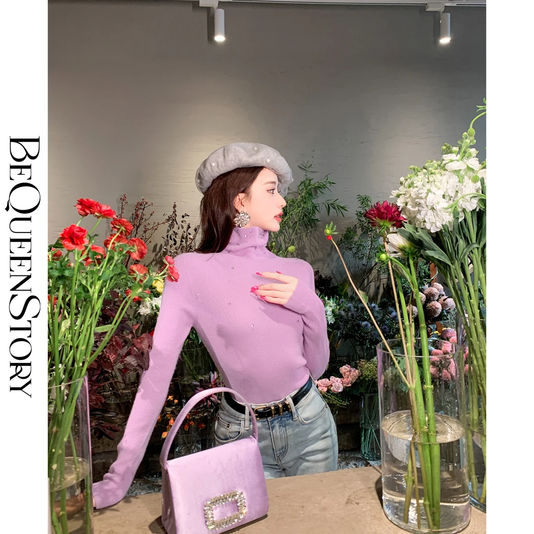 余潇潇【香芋奶贝】高支100羊毛纱线手工钉珠针织高领打底