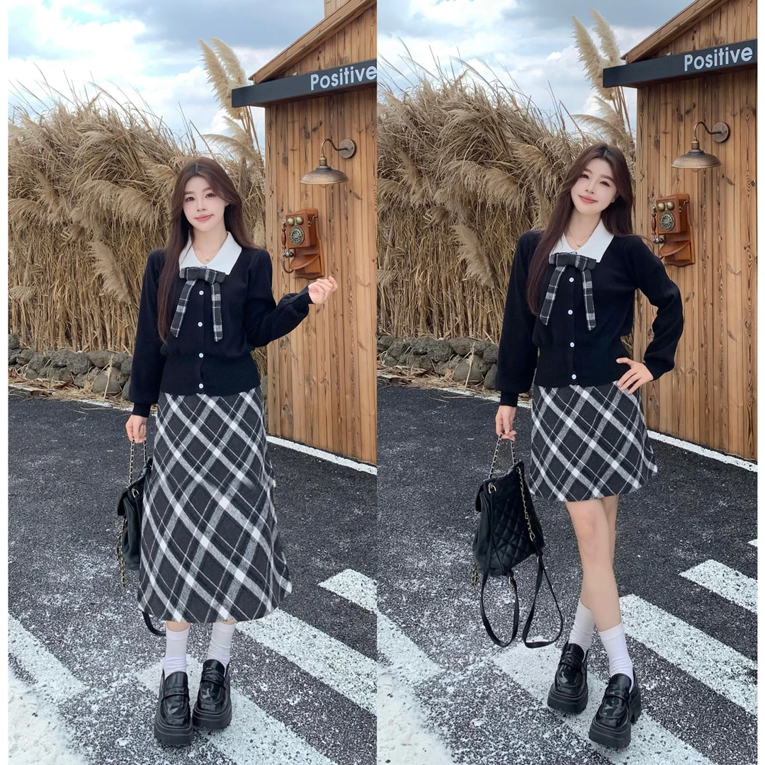 微胖大码女装胖MM格纹A字腰半身裙女毛衣套装