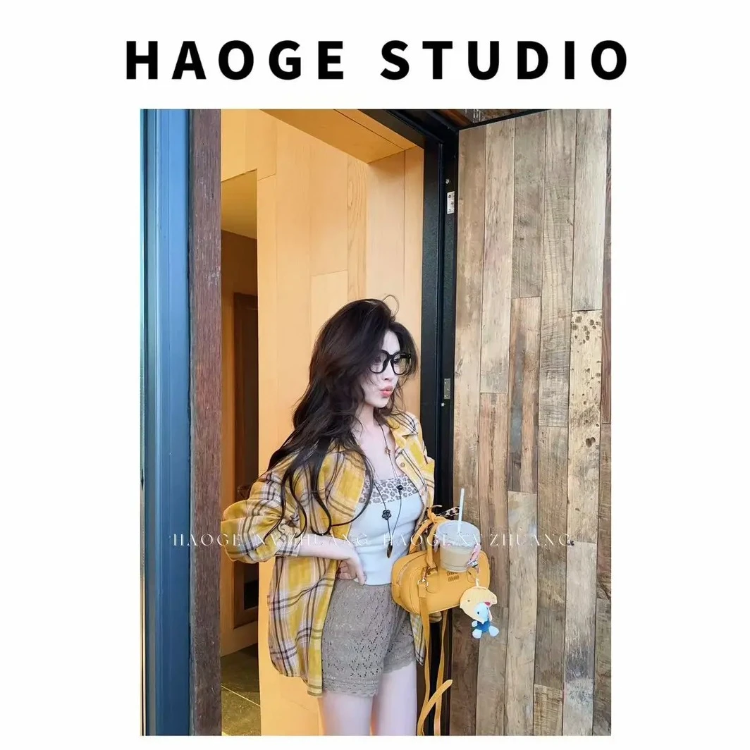 时尚黄色格子衬衫女早秋新款休闲宽松显瘦长袖别致衬衣外套