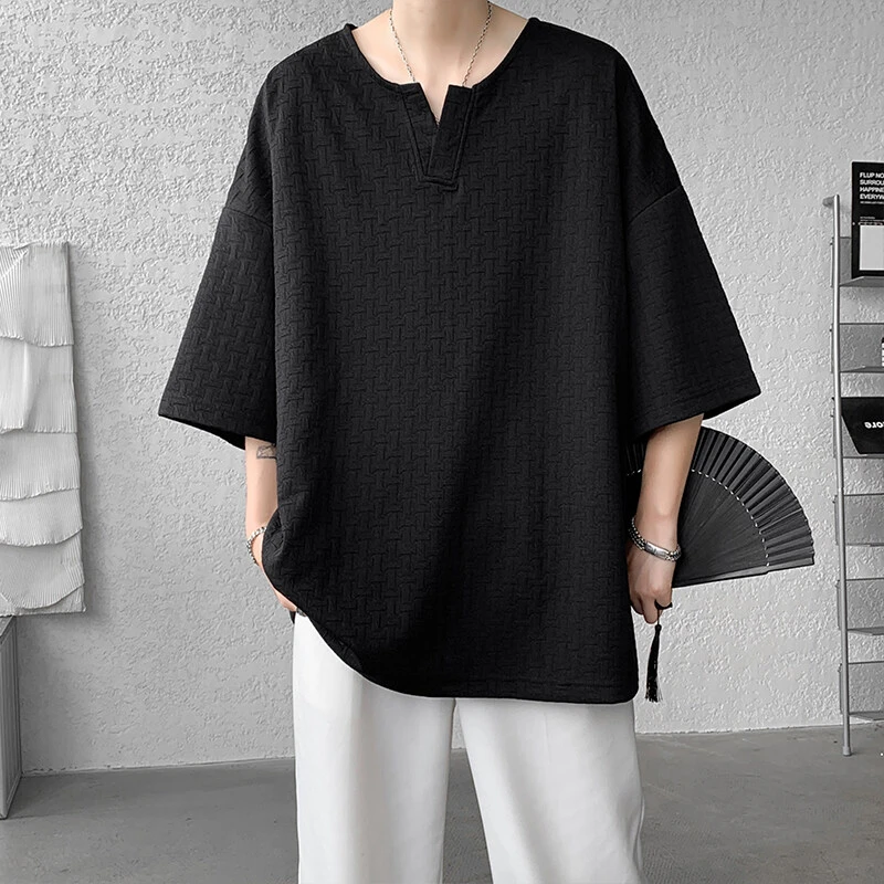 隐匿者2025夏季男士垂感V领短袖T恤港风潮流百搭冰丝慵懒风半袖男