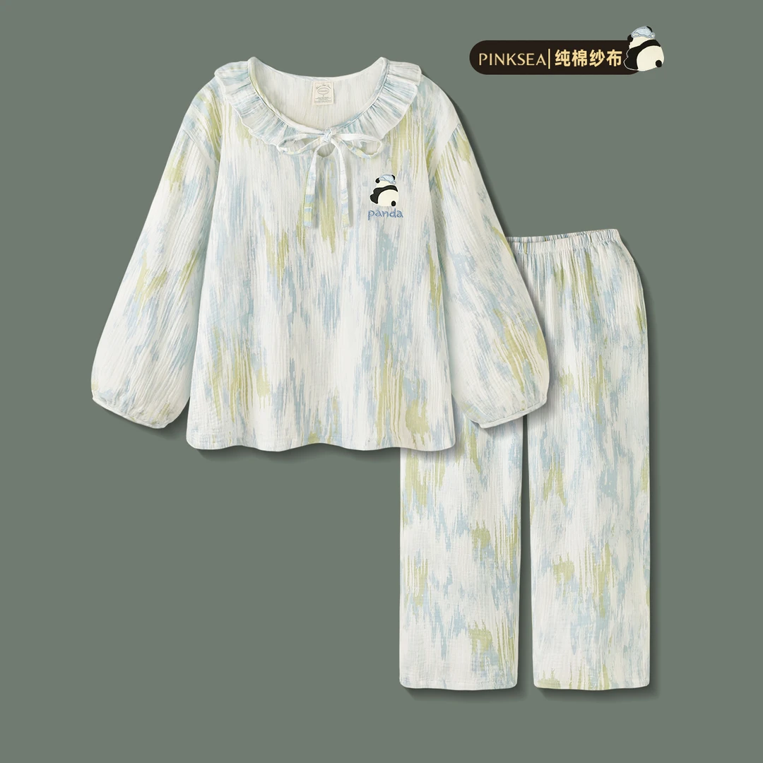 Pinksea睡衣女款2025春秋新款纯棉纱布长袖长裤可爱家居服套装夏