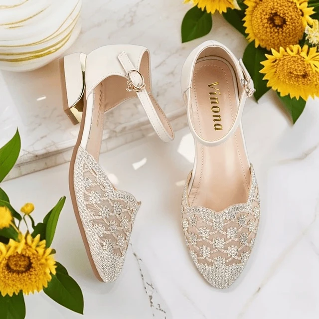 凉鞋女夏季新款包头中跟鞋子中年女士水钻网纱女鞋中空单鞋妈妈鞋