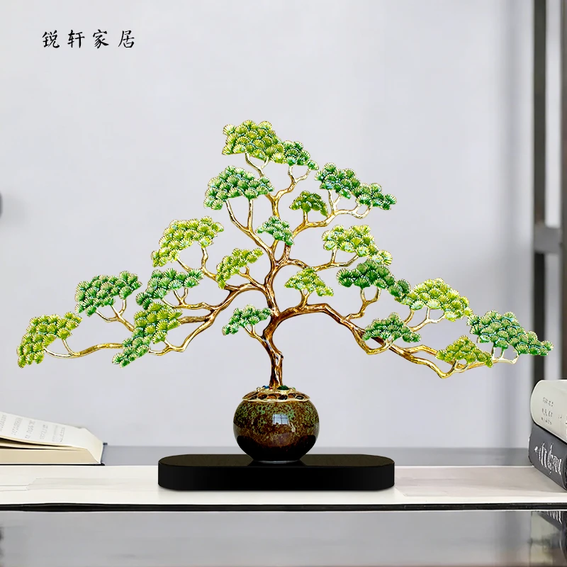 珐琅彩迎客松摆件客厅玄关禅意家居装饰办公室工艺品开业乔迁礼物