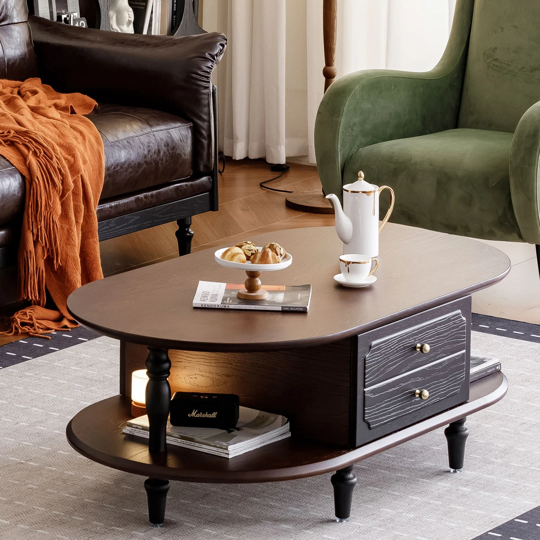 中古风茶几椭圆客厅家用美式田园实木茶几小户型客厅高级感茶桌