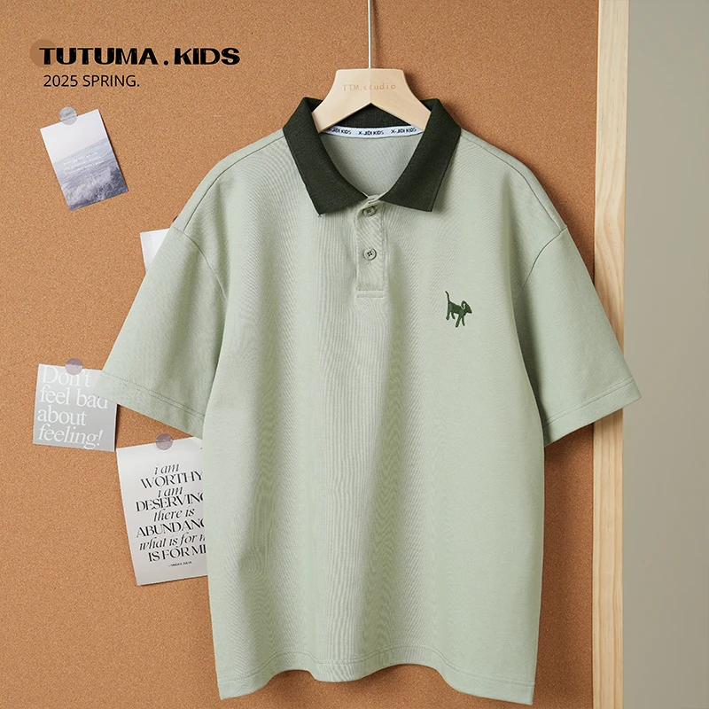 现货图图妈【复古美式 撞色】男女童翻领Polo衫短袖T恤中大童潮上衣