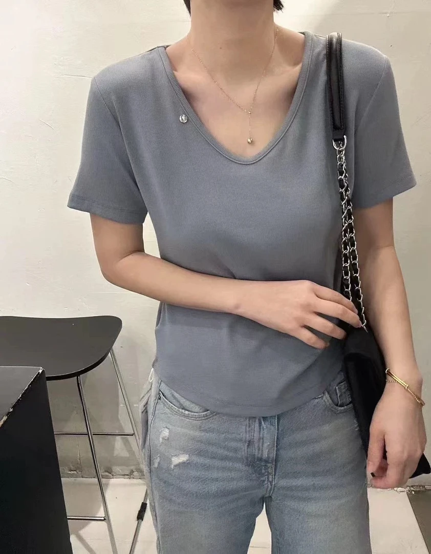 （林玲）夏季U领修身显瘦短款T恤百搭纯色女内搭