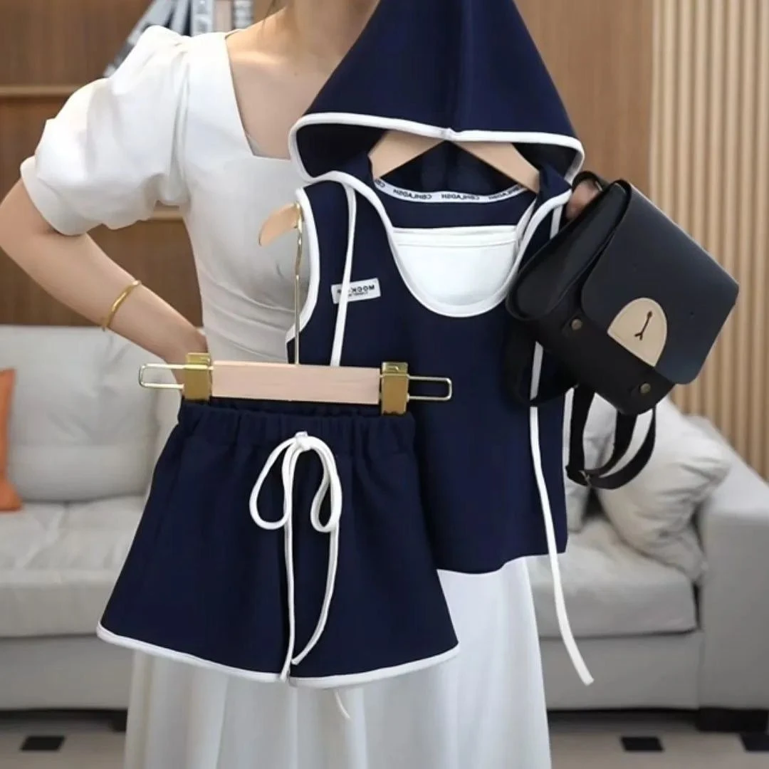 女童夏季高端背心短裤两件套2025新款中小童洋气无袖拼色运动套装