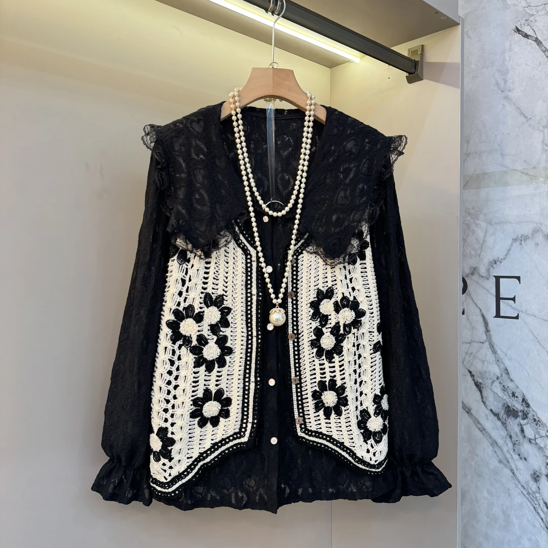 2025秋季新款大码女装时尚针织花朵马甲娃娃领衬衫两件套装5317