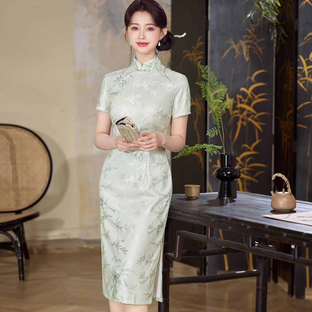 043小长款【绿珠】新中式夏季年轻修身单层旗袍裙长约110cm