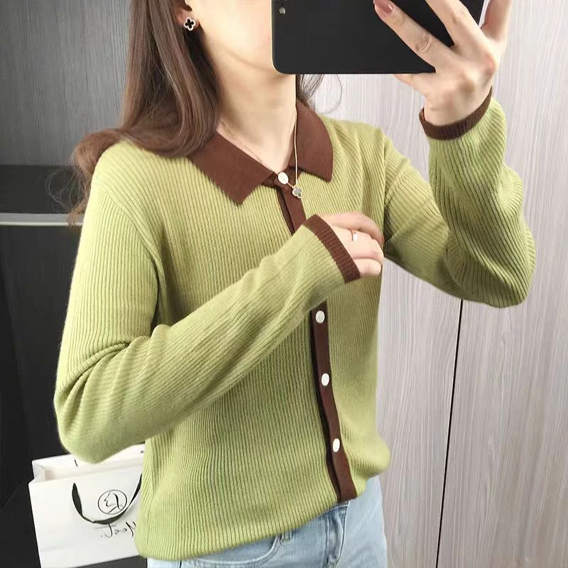 【绿色方领】新款polo领针织开衫外套女拼色长袖毛衣打底衫上衣外搭