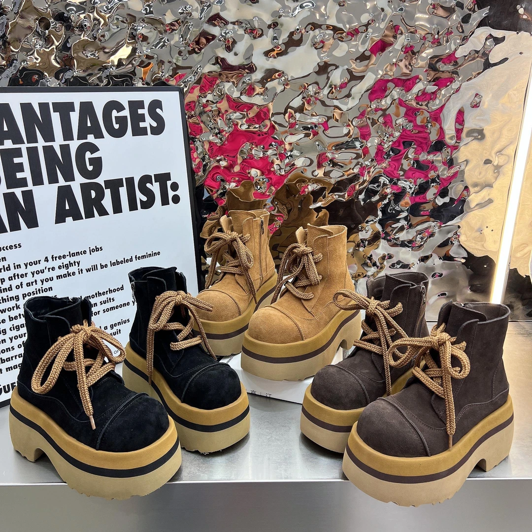 9cm厚底马丁靴女鞋2025新款磨砂皮松糕系带休闲短靴小个子机车靴