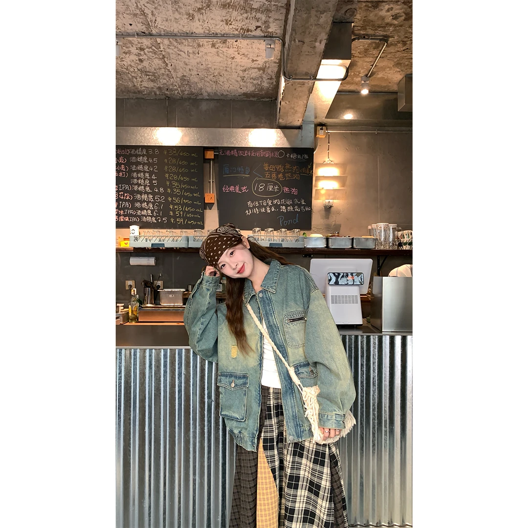 RAINY 美式水洗擦色慵懒感洗水牛仔外套春秋女复古宽松破洞做旧