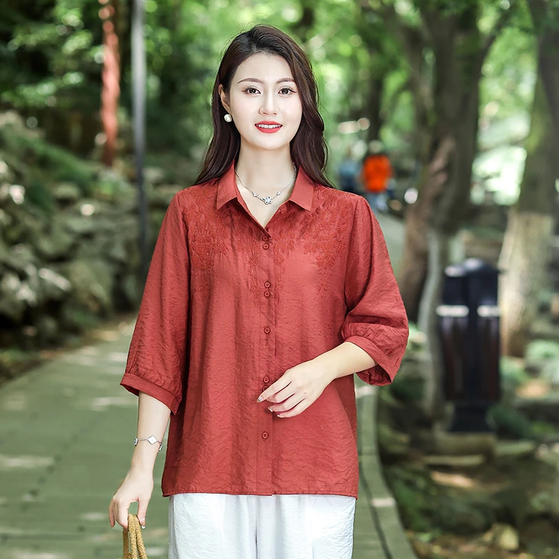 五分袖刺绣衬衫欧若风苎麻小衫衬衣宽松女装中老年妈妈装休闲上衣