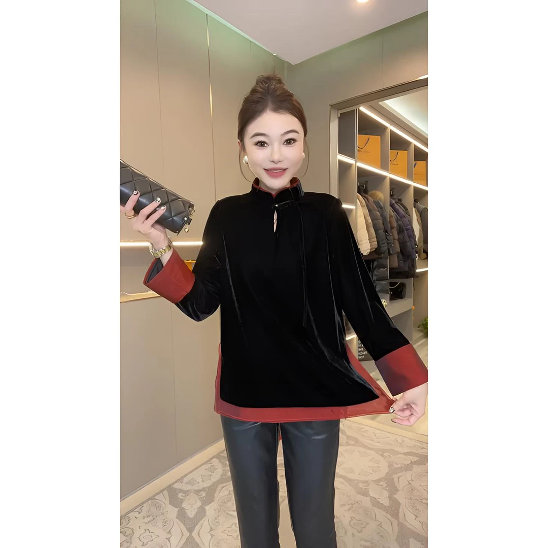 2024秋冬新款时尚假两件设计中式长袖丝绒打底复古小高领气质上衣