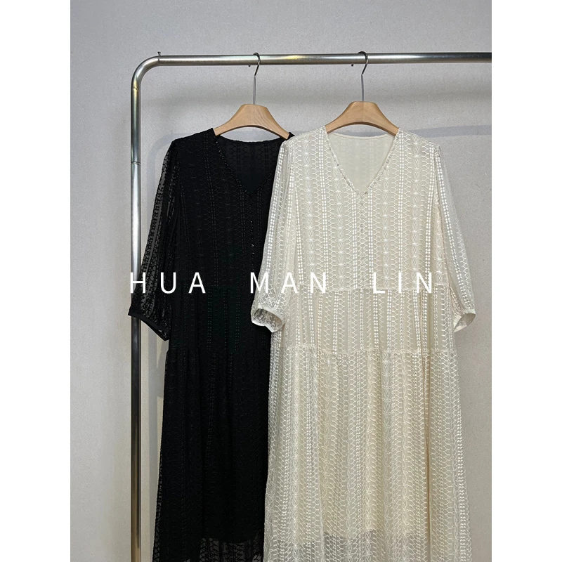 【花滿林】两色V领重工刺绣真丝桑蚕丝连衣裙55261