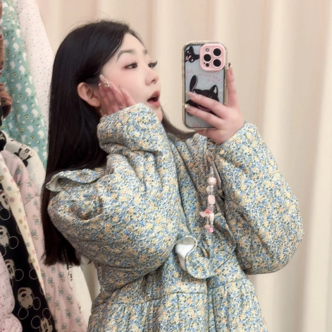 新疆棉【甜美碎花加大版绿调碎花】长款宽松保暖睡衣家居服