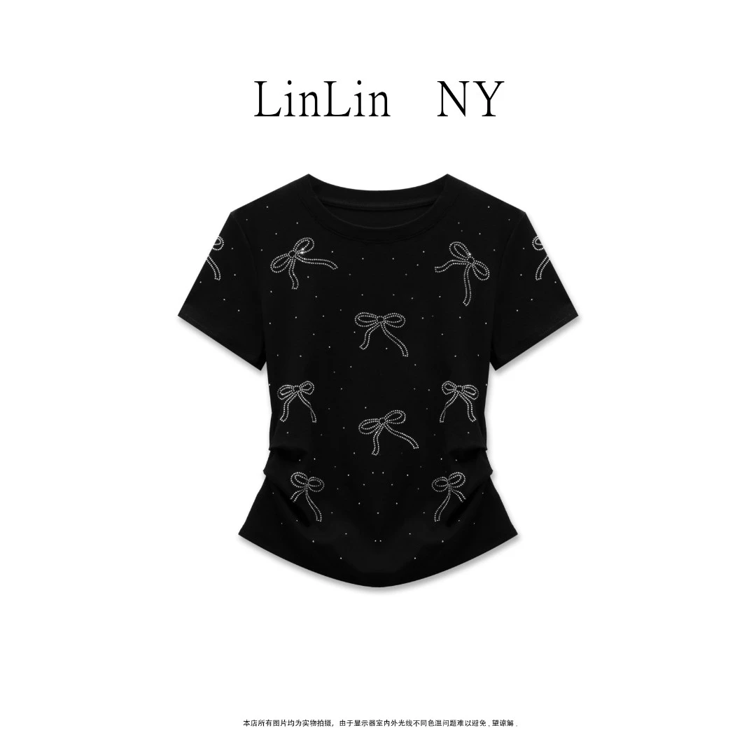 夏季新款重工烫钻钉珠蝴蝶结圆领短袖T恤女-GT31