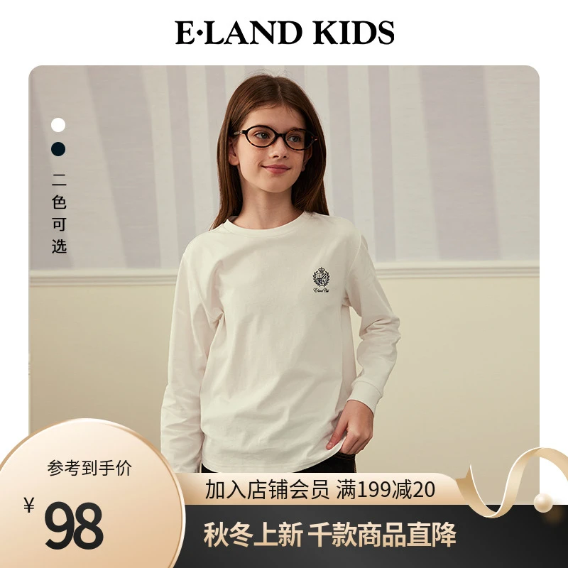 E·LAND KIDS童装20年冬季男女童徽标印花圆领长袖T恤EKLAE4913O