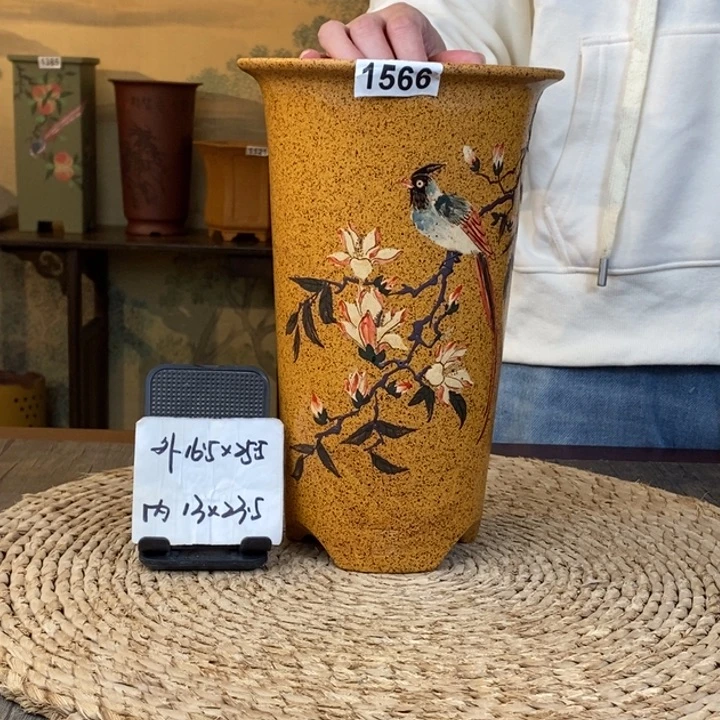 紫砂花盆 特惠柴烧彩绘绶带鸟圆签筒1566