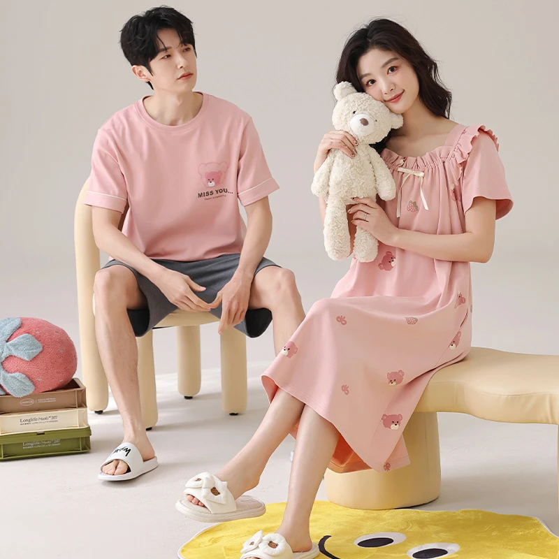 睡衣情侣套装全套一男一女中长款睡裙纯棉家居服夏季甜美可爱短袖