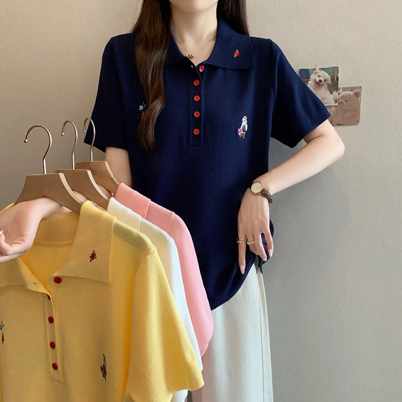 大码女装2025夏装新款POLO领针织上衣显瘦刺绣冰丝短袖T恤6002