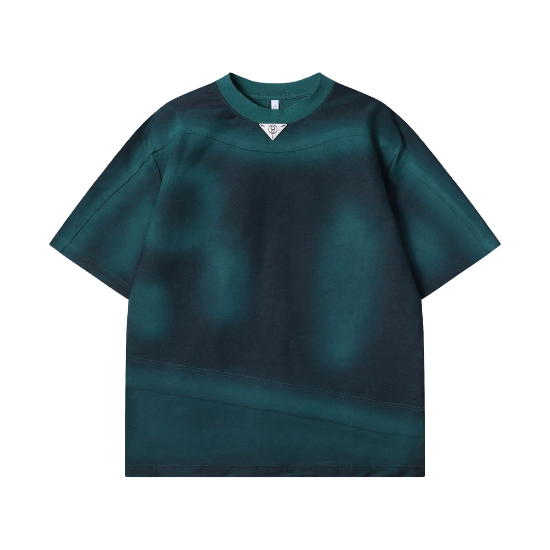 夏季高级感新款美式晕染金属倒三角短袖T恤裁剪圆领宽松上衣