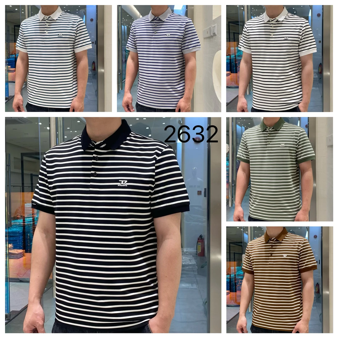条纹翻领短袖T恤男士冰丝夏装2025新款潮流修身POLO衫男半袖上衣