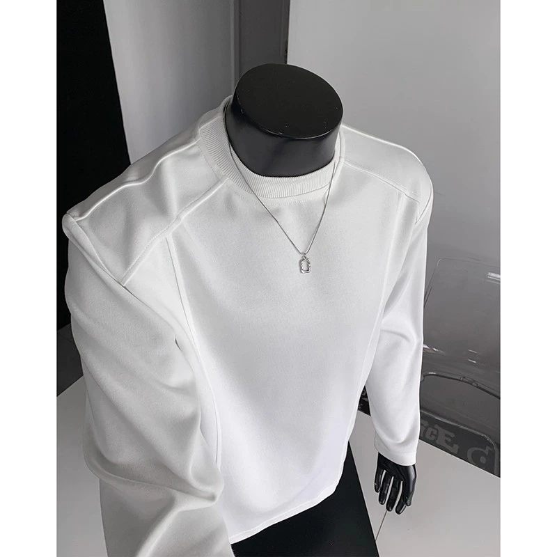 白色美式小领口长袖t恤男款秋冬正肩剪裁圆领卫衣高级感重磅打底