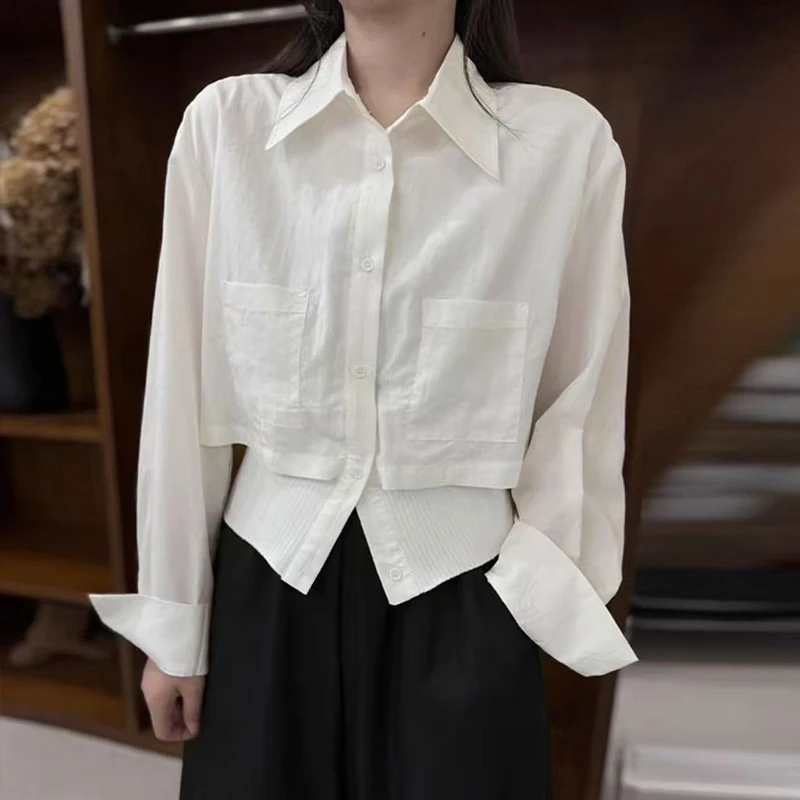 韩系洋气针织拼接假两件长袖衬衣女早秋polo领口袋设计衬衫女上衣