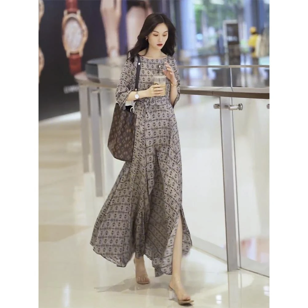 开叉连衣裙2025年夏季新款女复古圆领套装女夏2025新款爆款洋气
