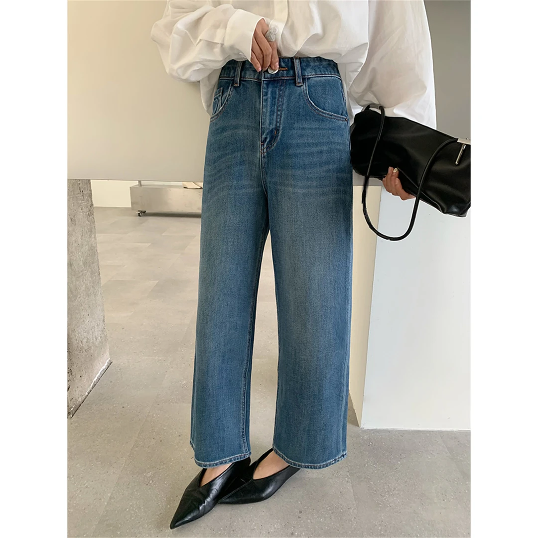 韩版四面弹直筒牛仔裤女秋季新款小个子百搭显瘦九分裤裤子宽松高