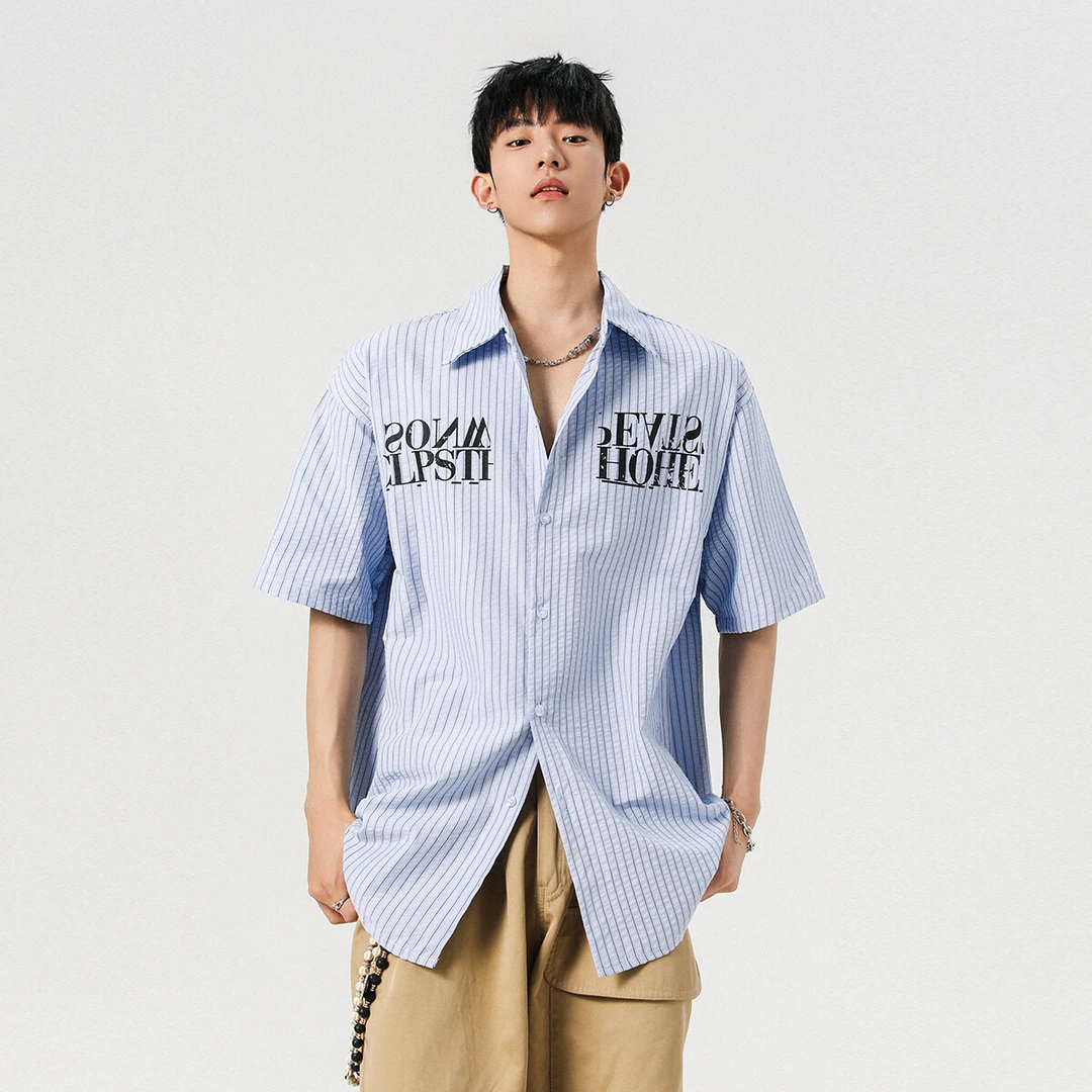 马先生领带短袖条纹男夏季扎染字母印花短袖衬衫休闲上衣透气衬衣