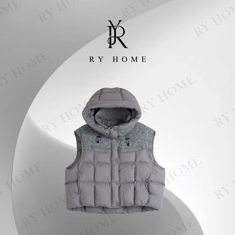 【容雨RYHOME】拼接设计连帽短款90白鸭绒羽绒马甲254YF1382