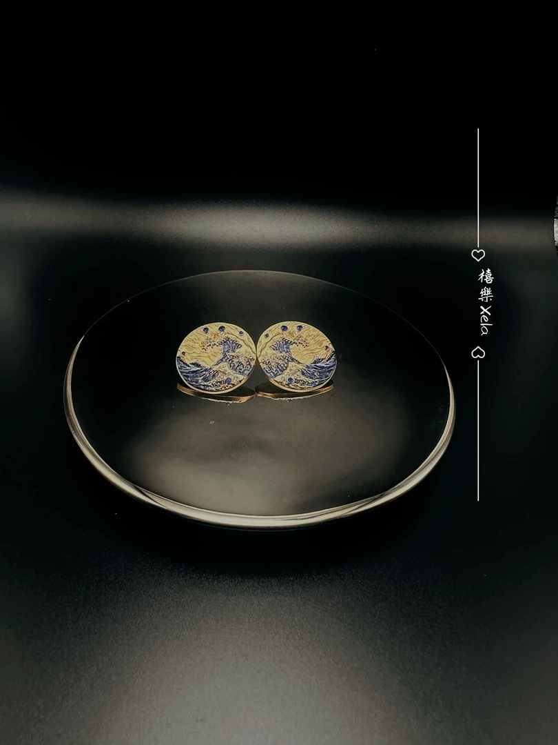 铜合金耳饰 复古小众海浪和风纹理款耳钉蓝色时尚国风古风纯手工