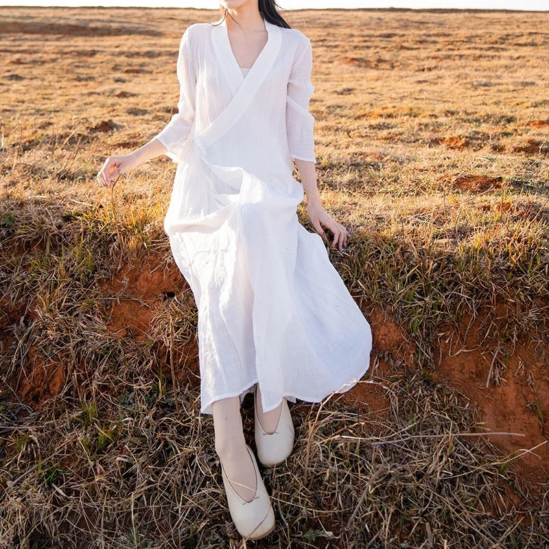 中式禅服女仙气茶服居士打坐佛系禅意改良夏季汉服宽松连衣裙白色