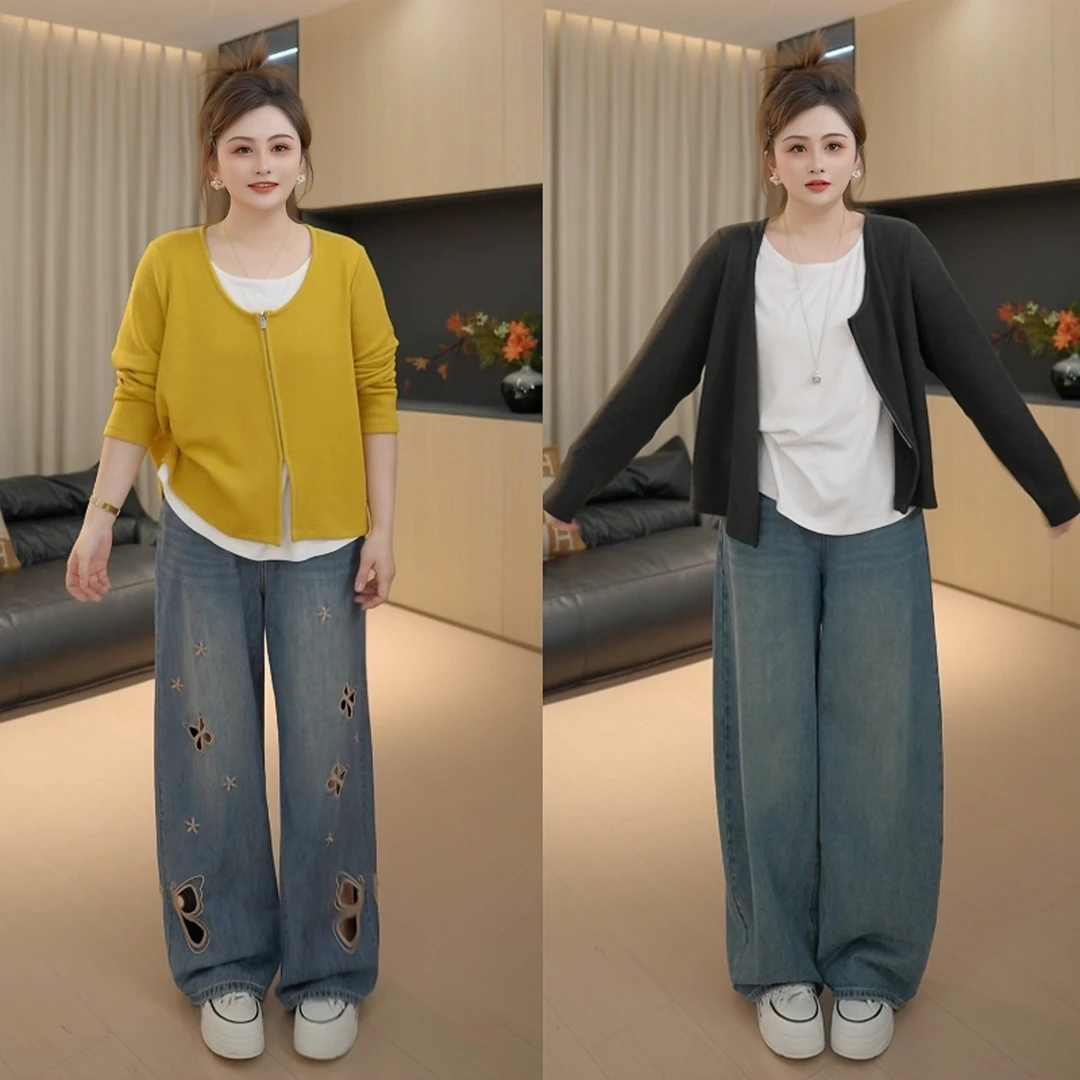 【胖佳佳】现货~金色暖阳 假两件长袖T恤秋季撞色上衣H625Z16221