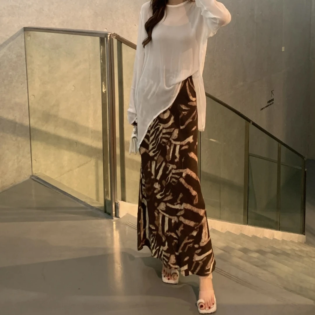 含香服饰 豹纹松紧腰鱼尾摆斜裁气质半身裙长裙