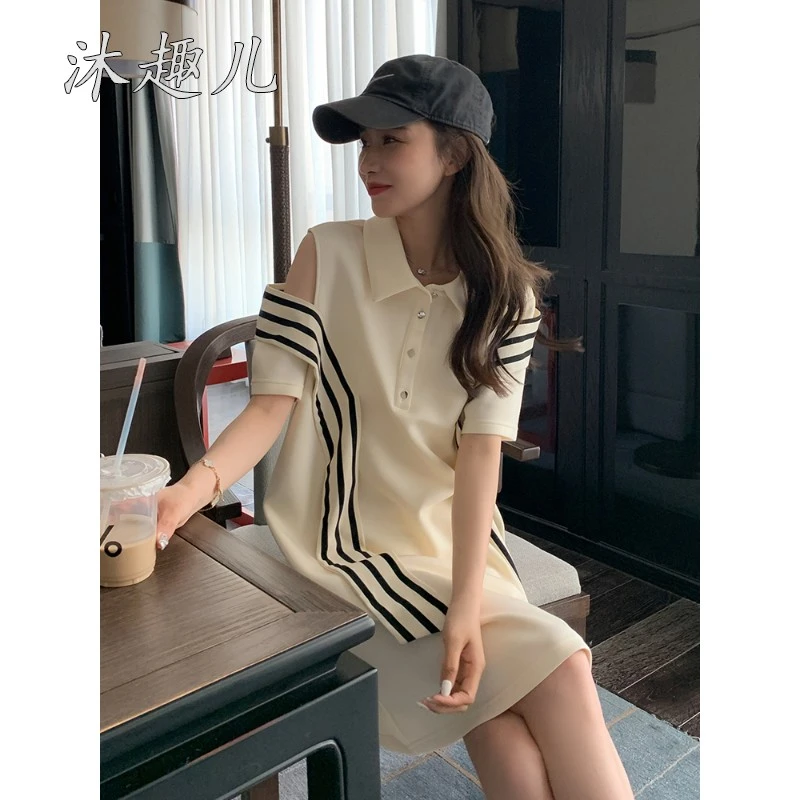 独特超火好看学院风露肩t恤连衣裙女高级小众设计感休闲polo裙子