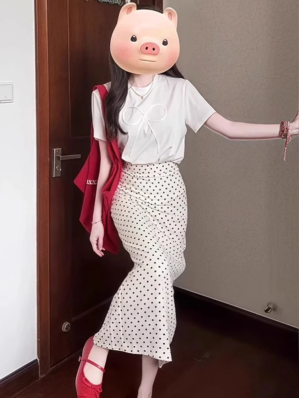 夏季一整套ootd穿搭韩系显瘦气质短袖T恤波点半身裙减龄两件套装