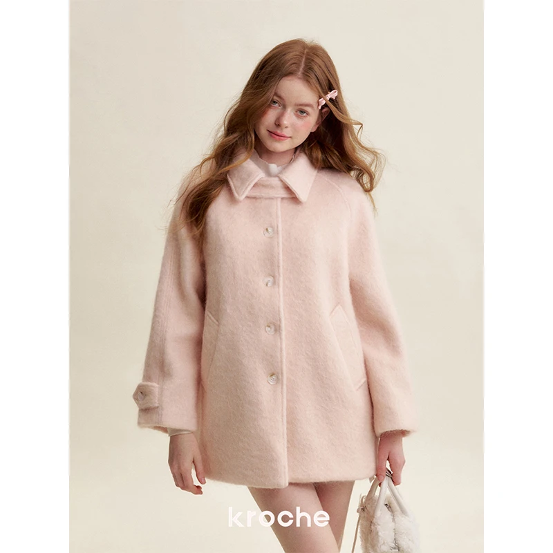 Kroche 25ss 柔雾蜜桃 宽松保暖娃娃翻领粉色毛呢外套