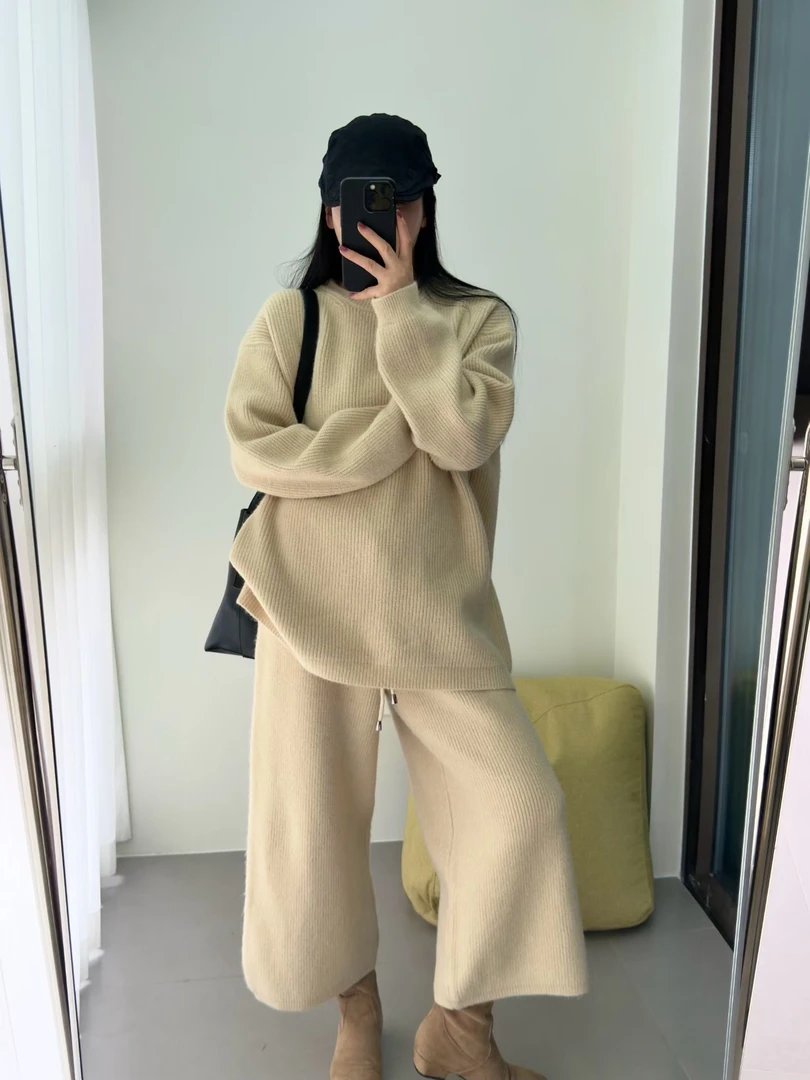 时尚套装秋冬时尚针织休闲女装宽松慵懒风毛衣针织八分裤套装女