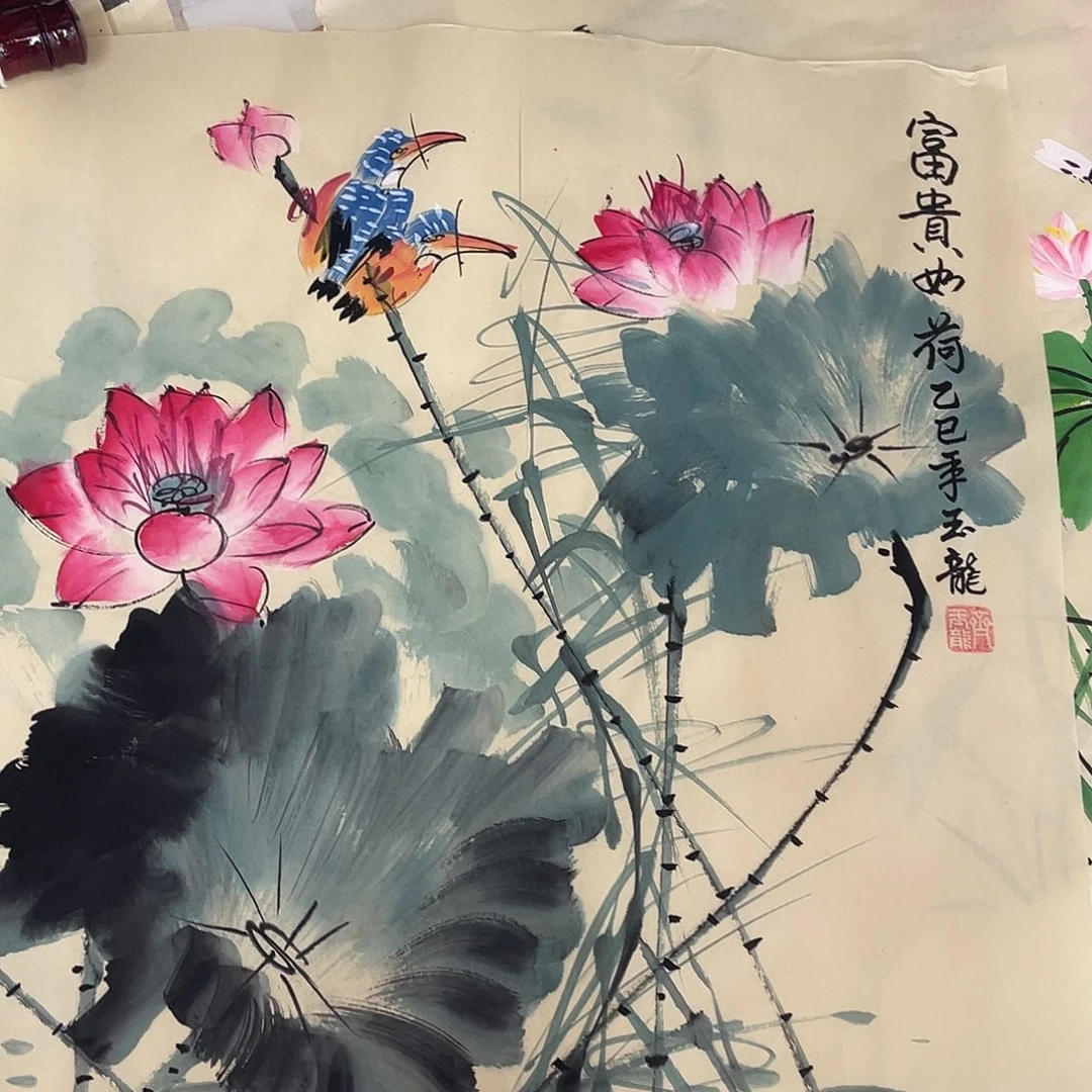 国画国画作品书法作品原稿富贵如荷斗方