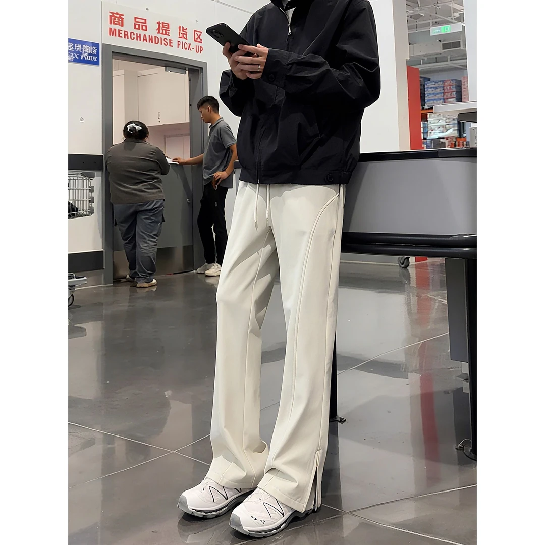 浅灰色斜切弯刀冲锋裤男款秋冬季美式微喇裤子侧拉链显腿长休闲裤