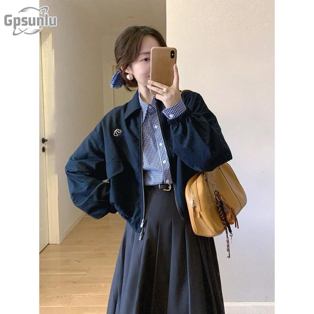 gpsunlu日系藏蓝色短款夹克外套女早秋季新款独特漂亮宽松棒球服